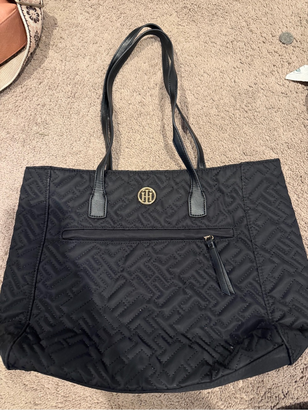 Tommy Hilfiger Black Quilted Nylon Tote with Gold Logo